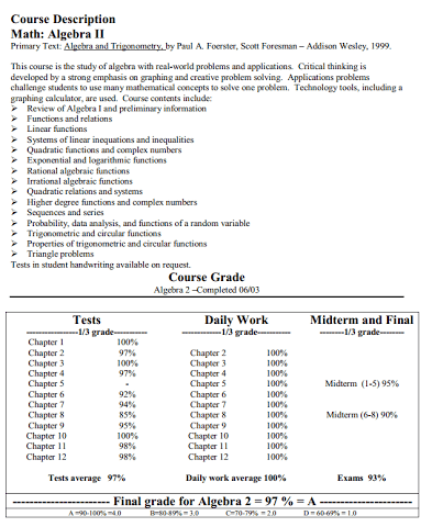 homeschool course descriptions example